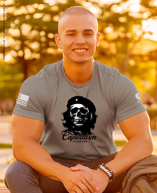 Man wearing a gray t-shirt with a graphic design outdoors