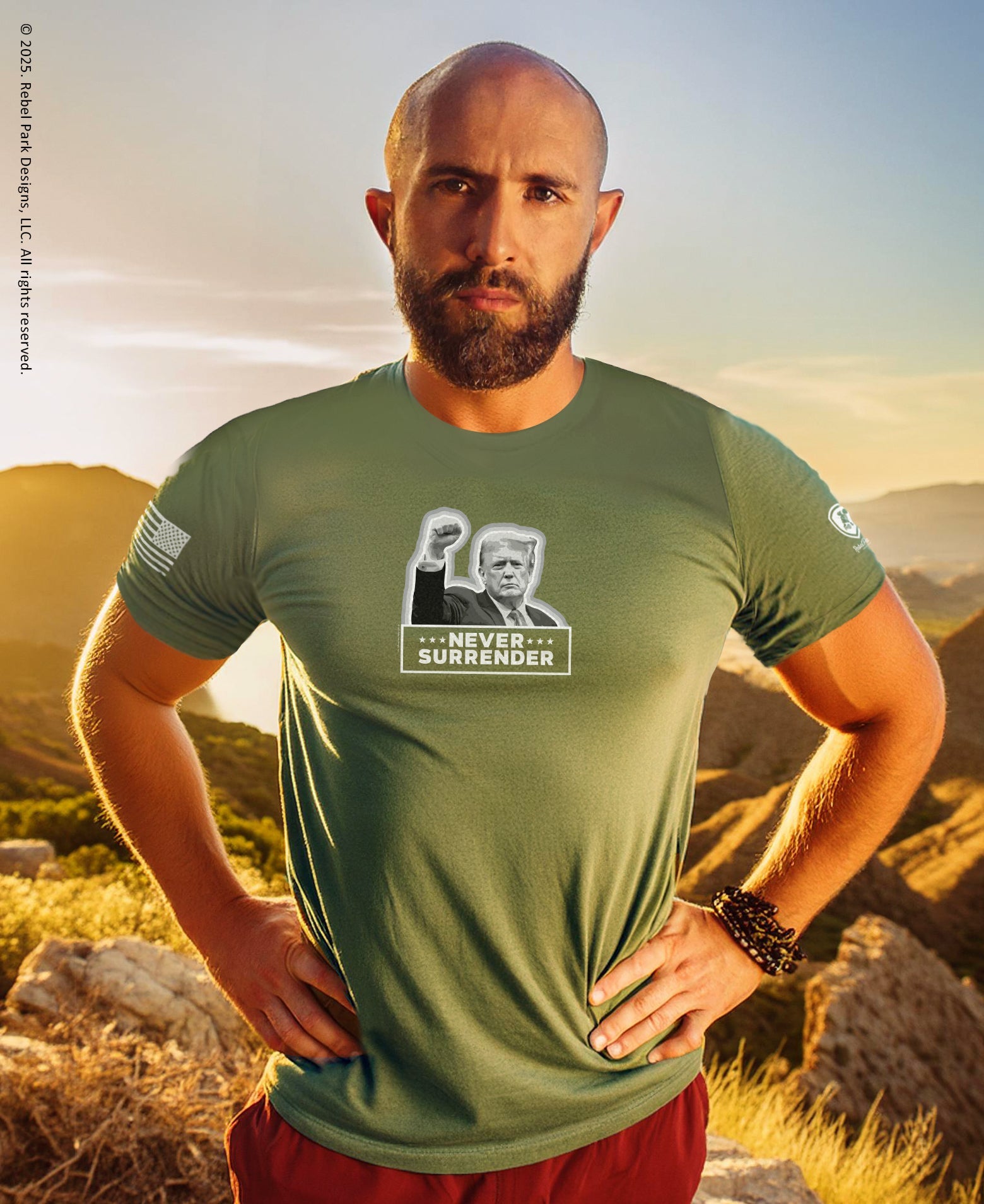 Man wearing a green t-shirt with a graphic design outdoors