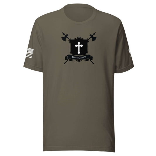 Christian Warrior Tee | Milites Christi T-Shirt featuring a shield, crossed axes, and trinity cross design.