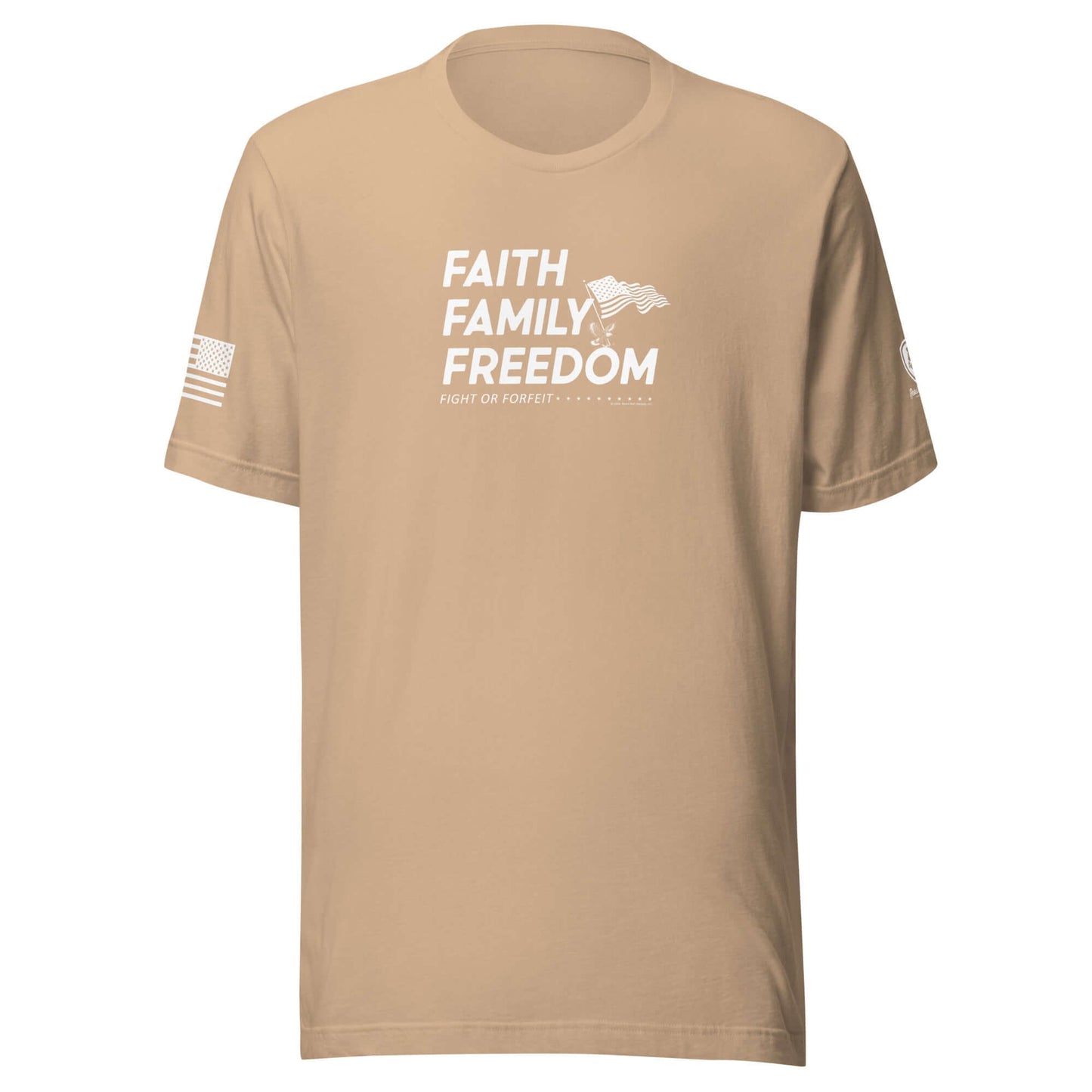 Faith Family Freedom T-Shirt - Christian Tee for Men, beige color with patriotic design featuring bold text.