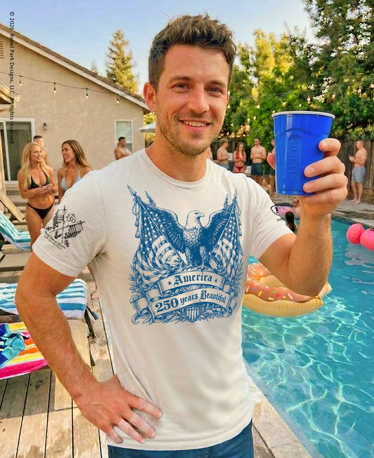 Man holding a blue cup by a pool with people in the background