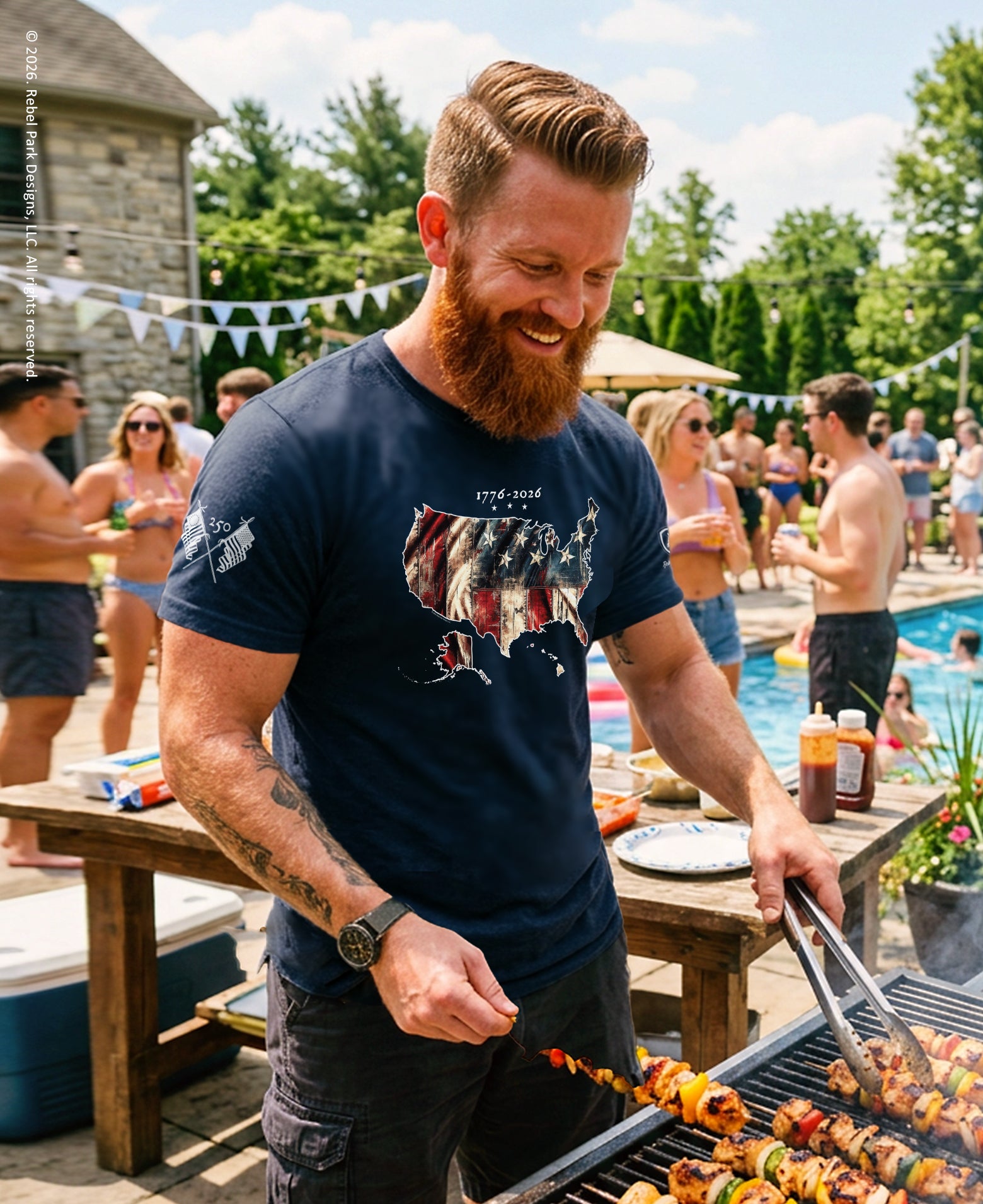 Man grilling food at a pool party with people in the background