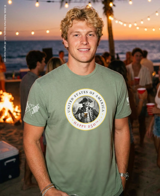 Man wearing a green t-shirt with a graphic design at a beach party.
