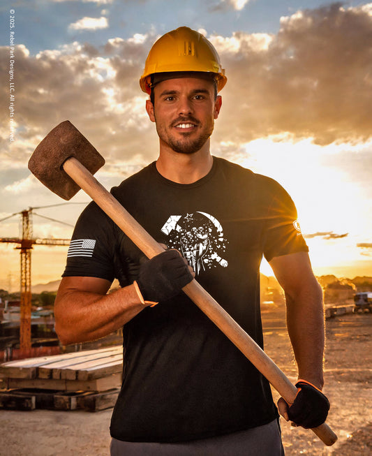 Man holding a large hammer with a construction site and sunset in the background