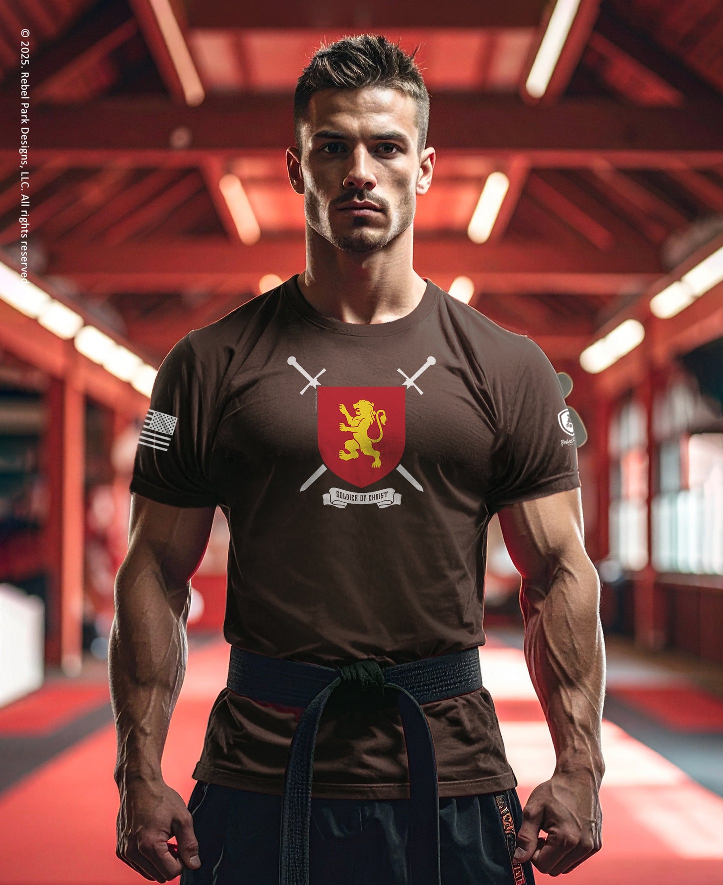 Soldier of Christ T-Shirt | Faith-Based Tee with Richard the Lionheart worn by a muscular man in a gym setting.