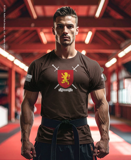 Soldier of Christ T-Shirt | Faith-Based Tee with Richard the Lionheart worn by a muscular man in a gym setting.