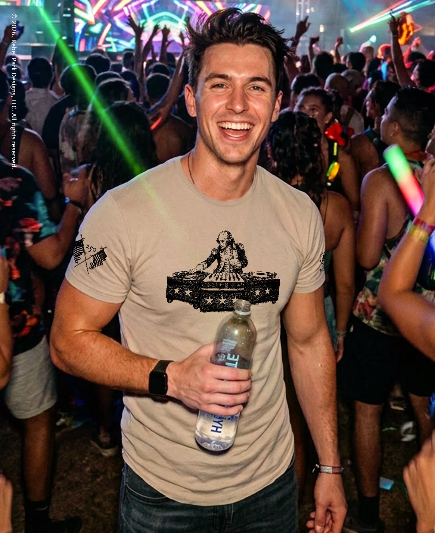 Man holding a water bottle at a lively party with colorful lights and people in the background