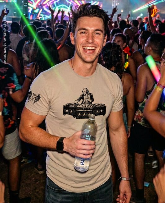 Man holding a water bottle at a lively party with colorful lights and people in the background