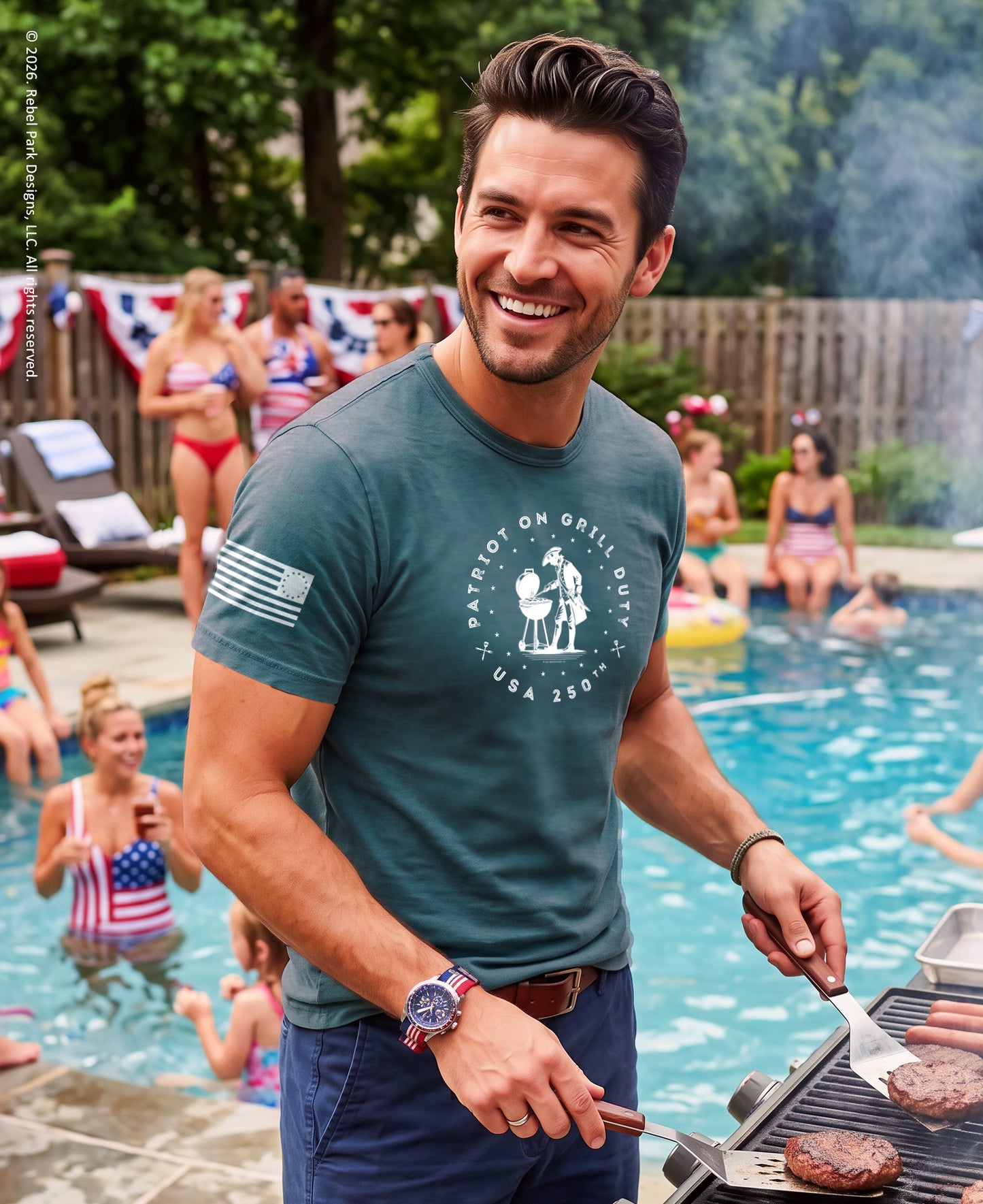 Man grilling by a pool with people in the background