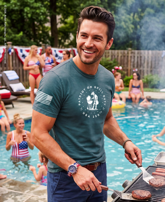 Man grilling by a pool with people in the background