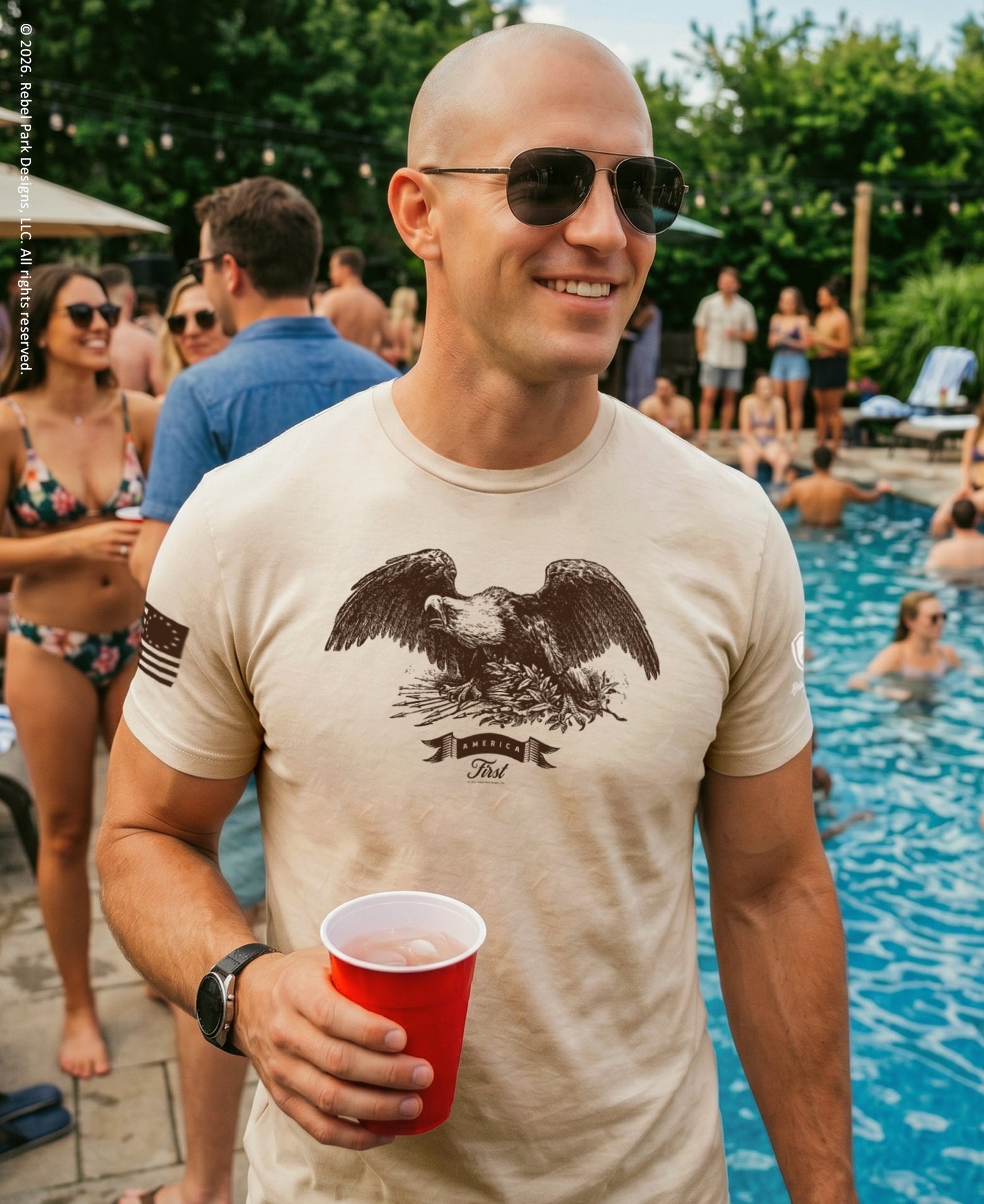 Man wearing a patriotic america first tee