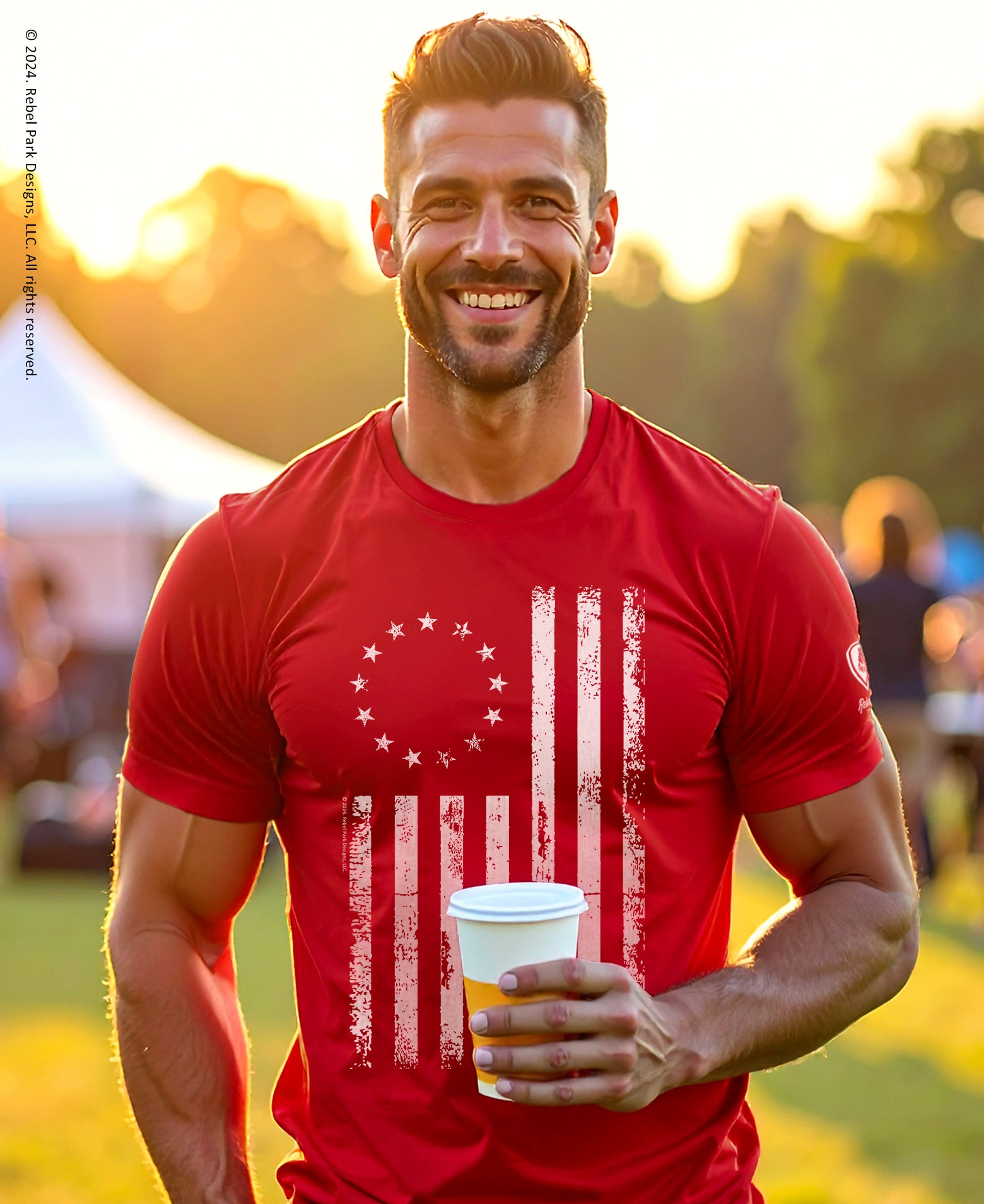 man wearing a red t-shirt with an american flag on it