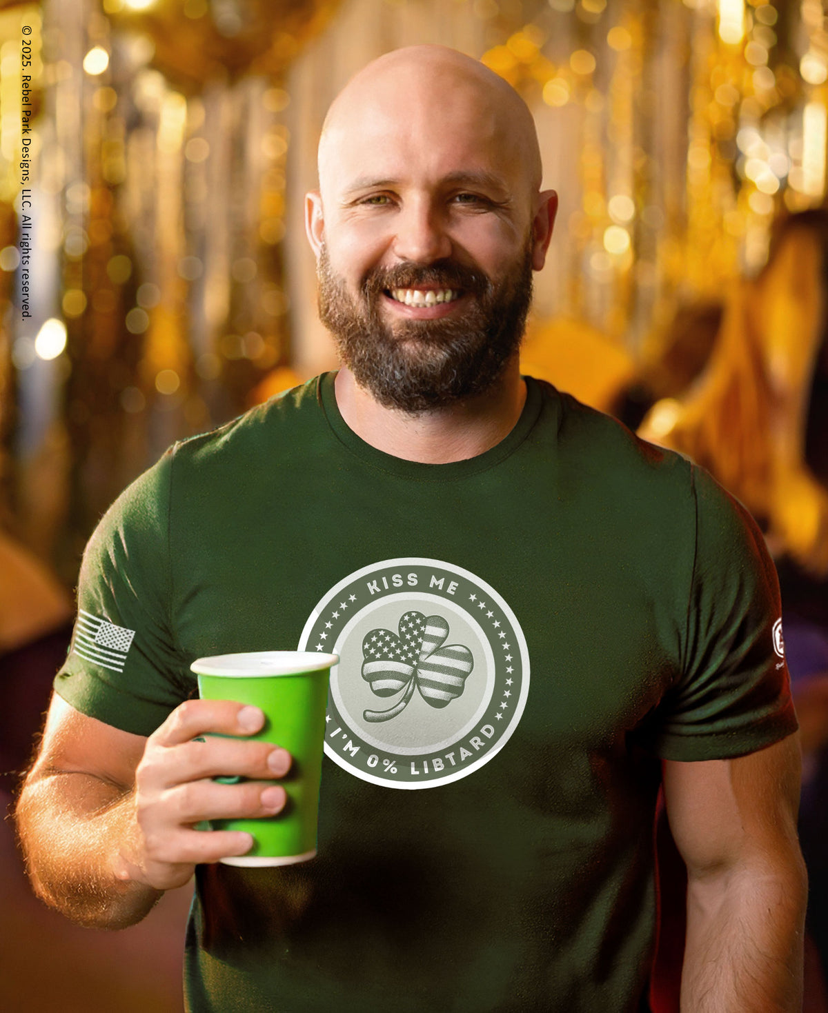 Man at a st. paddys party wearing a st paddy's t-shirt
