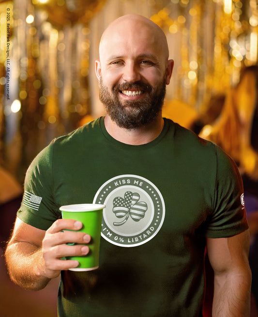 Man at a st. paddys party wearing a st paddy's t-shirt