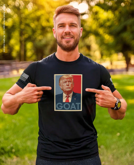 Man wearing GOAT Trump poster graphic tee, celebrating conservative patriotism and humor.