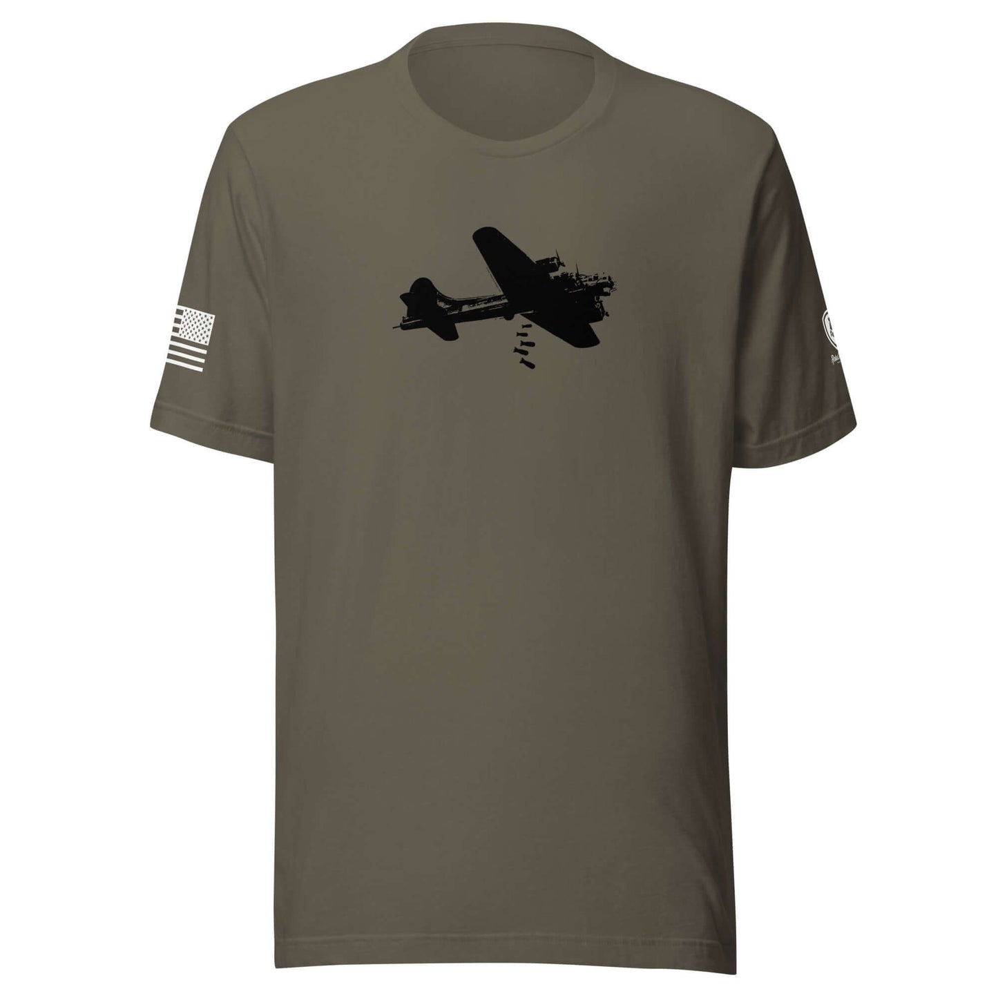 B-17 Bomber graphic art t-shirt in olive green, featuring a silhouette of a WWII airplane with American flag details.