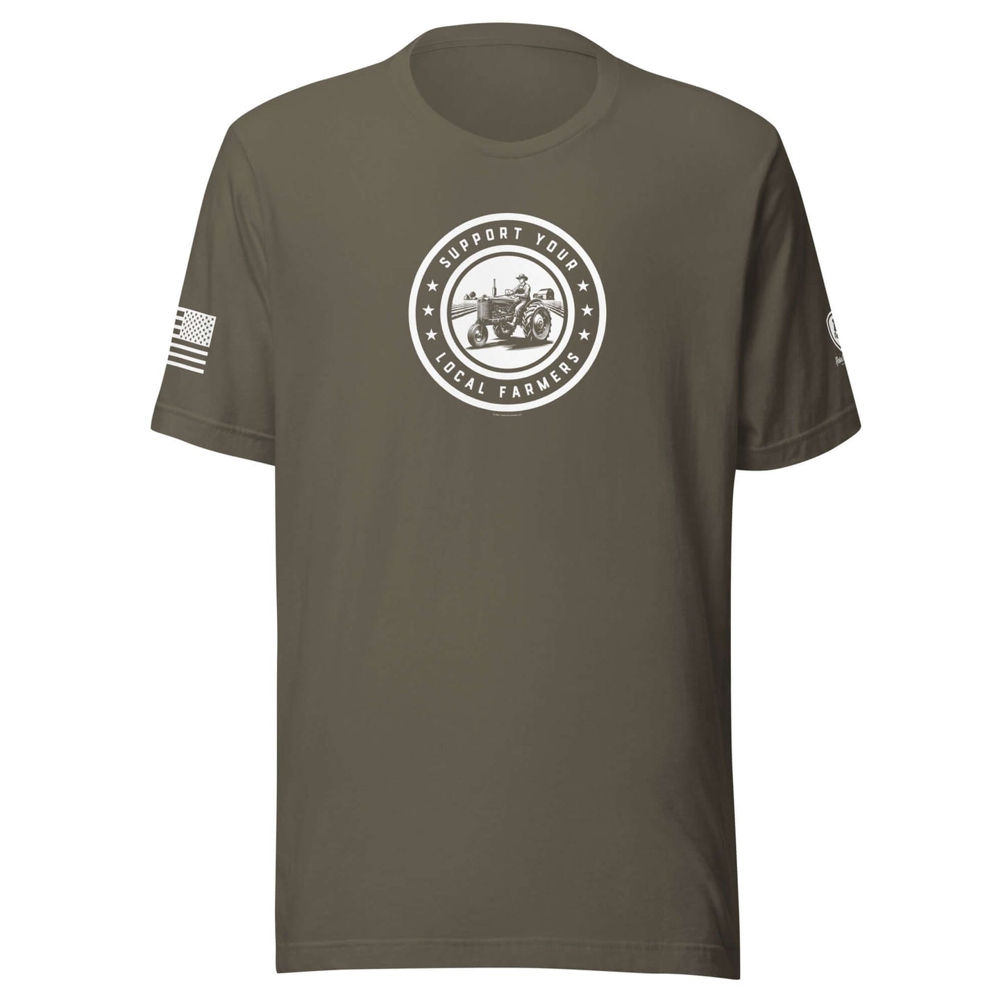 Olive green t-shirt with 'Support Your Local Farmers' graphic and American flag sleeve design.