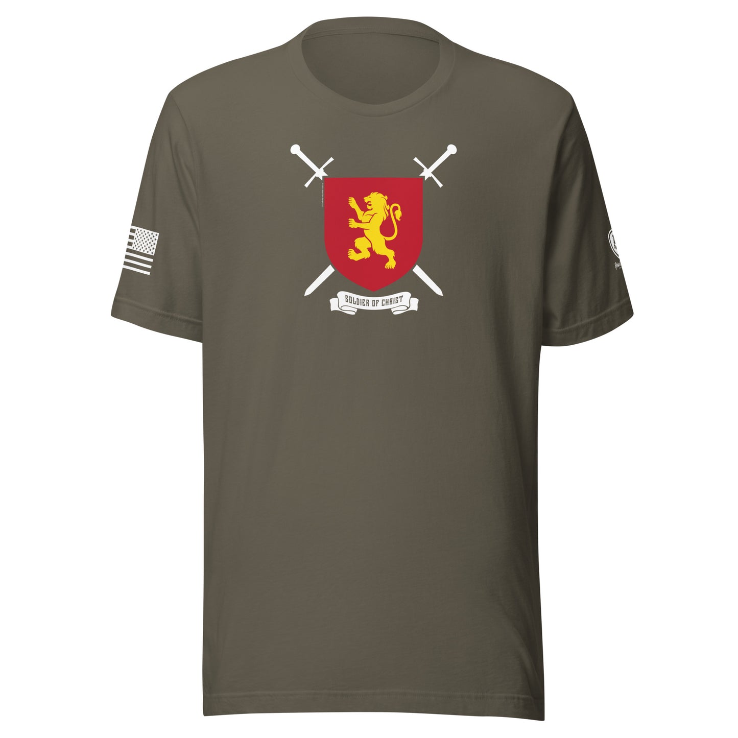 Soldier of Christ T-Shirt | Faith-Based Tee with Richard the Lionheart featuring a lion shield and crossed swords.