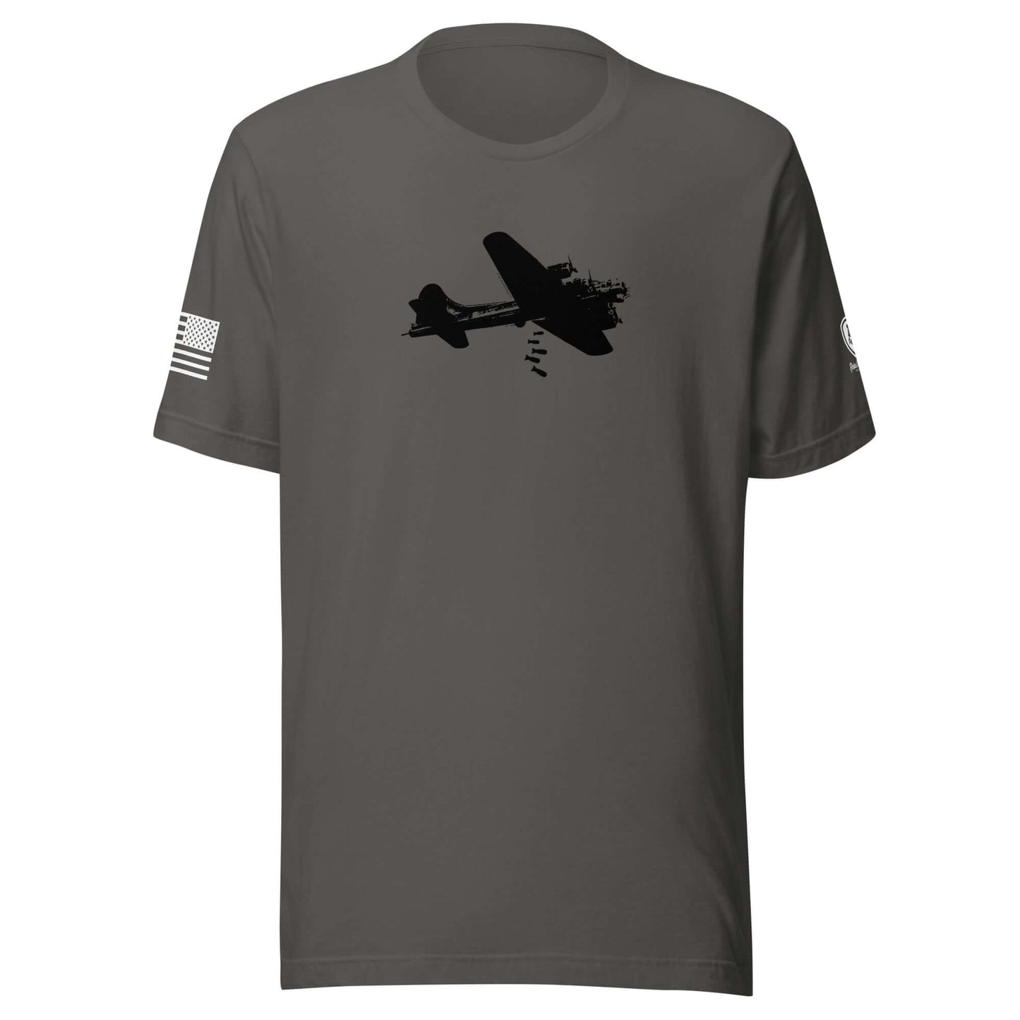 B-17 Bomber graphic art t-shirt featuring a silhouette of the aircraft on a gray background.
