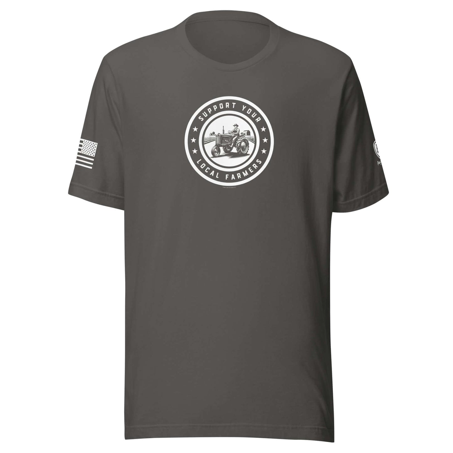 Support Your Local Farmers T-shirt for men in charcoal gray, featuring patriotic design and American flag.