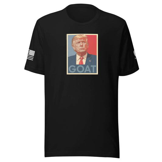 GOAT Trump poster graphic tee, black shirt featuring Trump, funny conservative MAGA style for patriots.