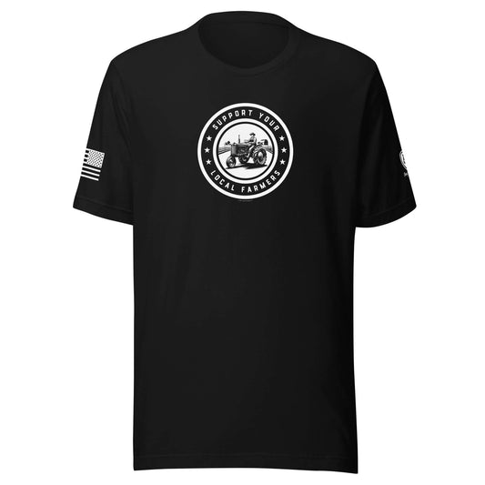 Black Support Your Local Farmers T-shirt with patriotic graphic and American flag sleeve design.