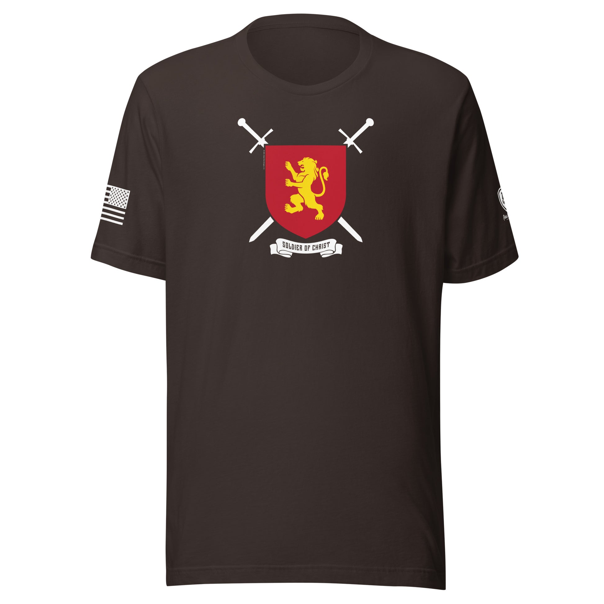 Soldier of Christ T-Shirt | Faith-Based Tee with Richard the Lionheart featuring a lion shield and crossed swords.