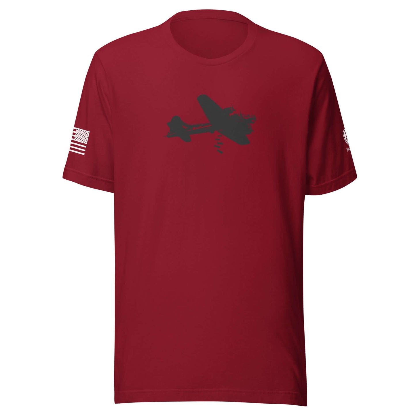 B-17 Bomber graphic art t-shirt in burgundy with USA flag sleeve, perfect for WWII history lovers.