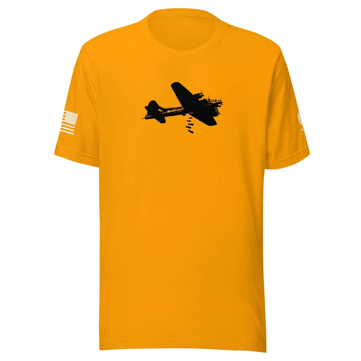 B-17 Bomber graphic art T-shirt in orange with military design and American flag details, honoring WWII heroes.