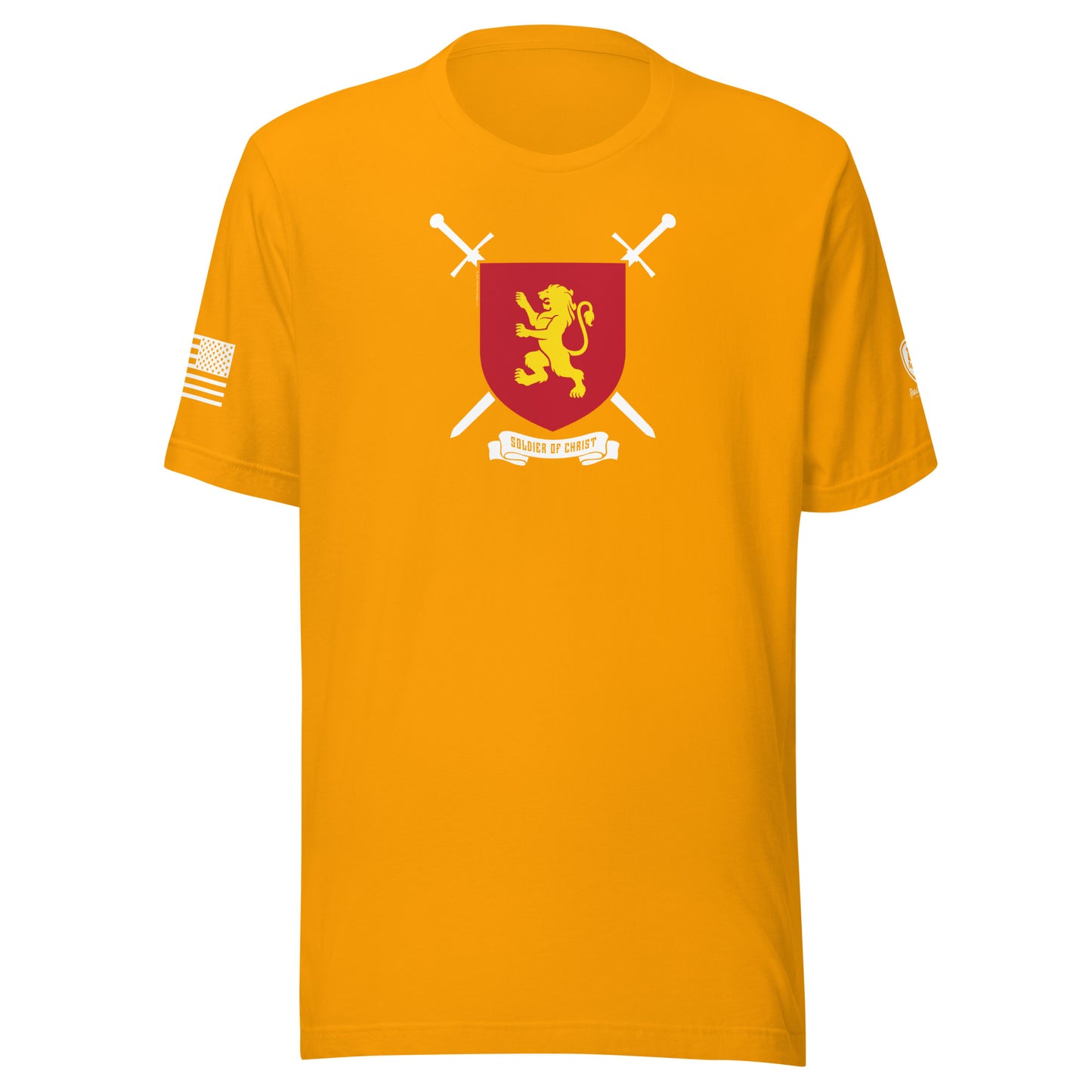 Soldier of Christ T-Shirt | Faith-Based Tee with Richard the Lionheart featuring lion shield and crossed swords.