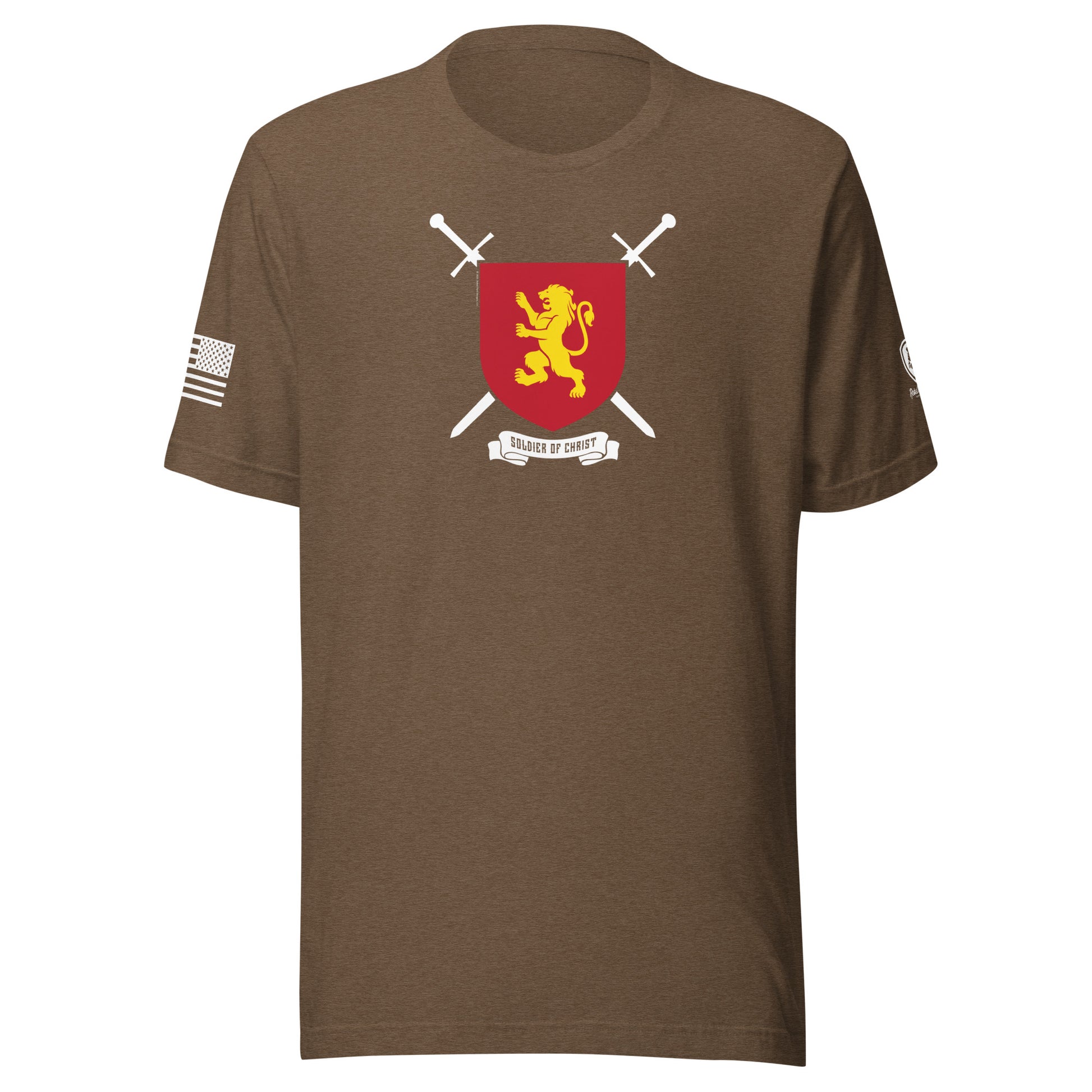 Soldier of Christ T-Shirt | Faith-Based Tee with Richard the Lionheart, featuring lion shield and crossed swords design.