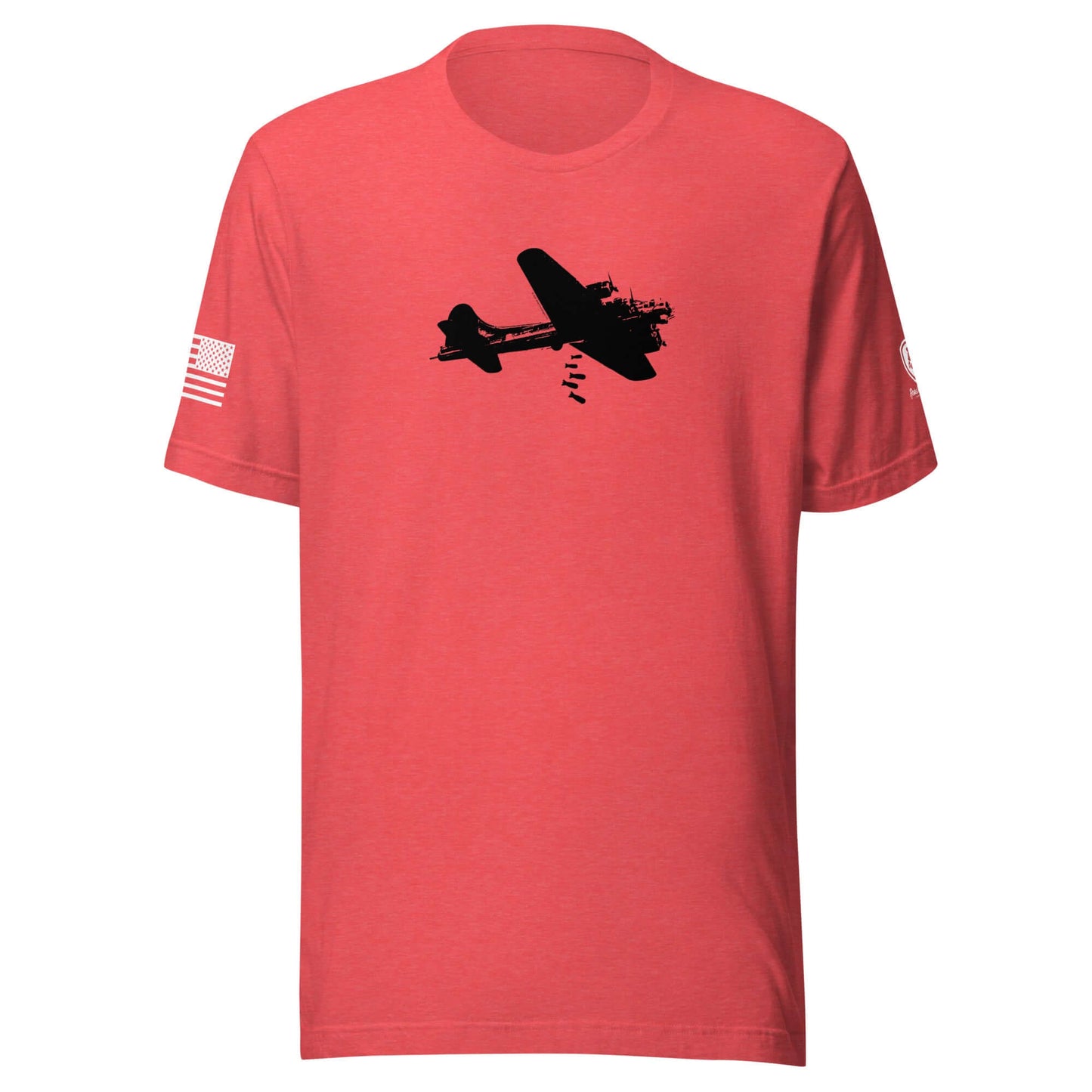 B-17 Bomber graphic art on a red t-shirt with USA flag sleeve, perfect for WWII history enthusiasts.