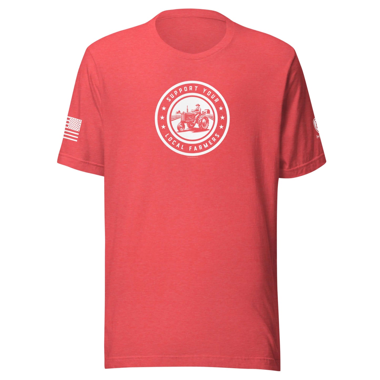 Red Conservative T-shirt for men featuring 'Support Your Local Farmers' graphic and American flag sleeve.