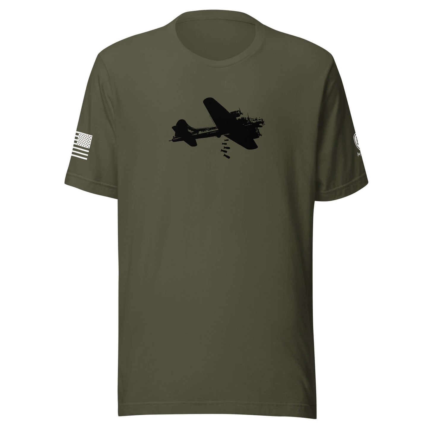 B-17 bomber graphic art t-shirt in olive green, featuring a silhouette of the aircraft and U.S. flag sleeves.