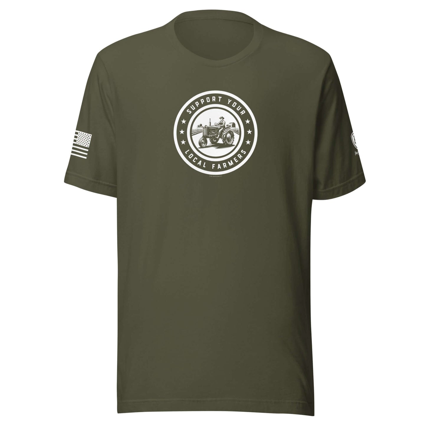 Conservative men’s t-shirt in olive green featuring 'Support Your Local Farmers' graphic and American flag sleeve detail.