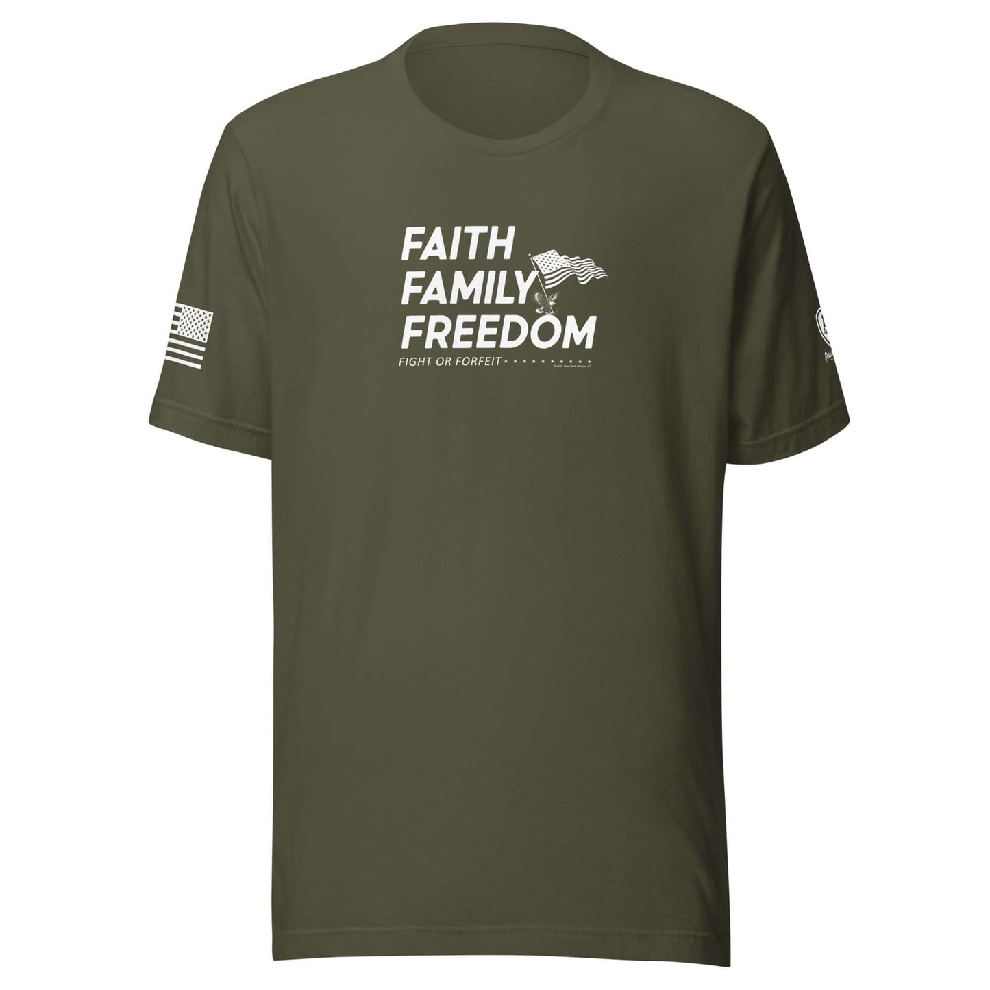 Faith Family Freedom T-Shirt - Christian Tee for Men in olive green with patriotic design.