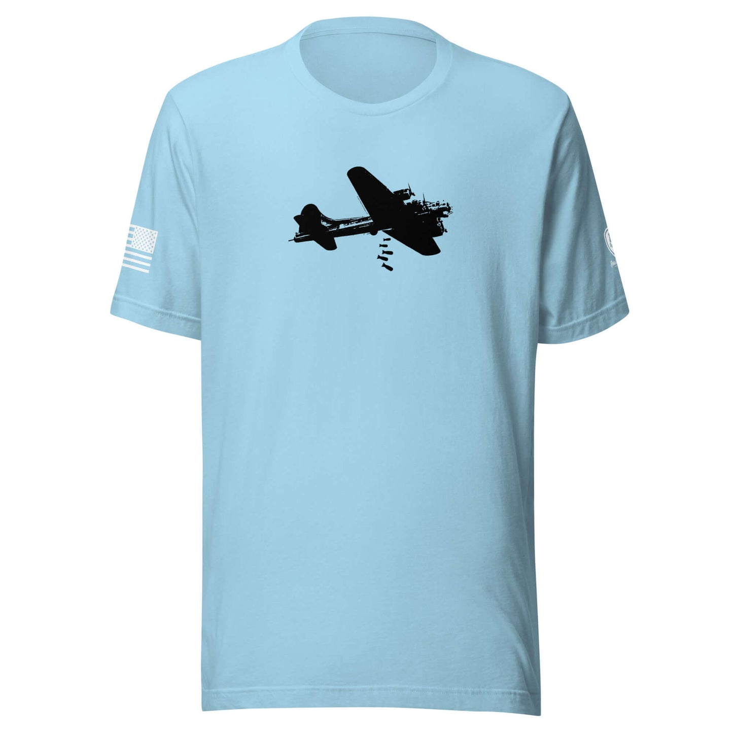 B-17 Bomber graphic art on a light blue T-shirt, honoring WWII aviators and American airpower.