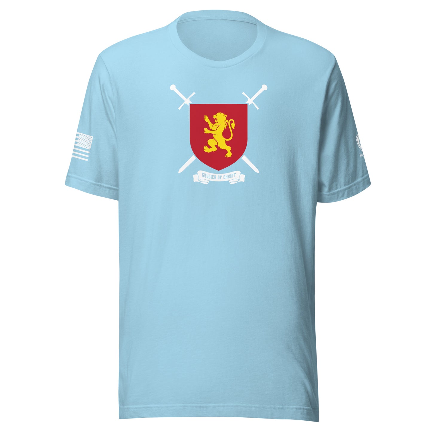Soldier of Christ T-Shirt | Faith-Based Tee with Richard the Lionheart featuring a lion shield and crossed swords.