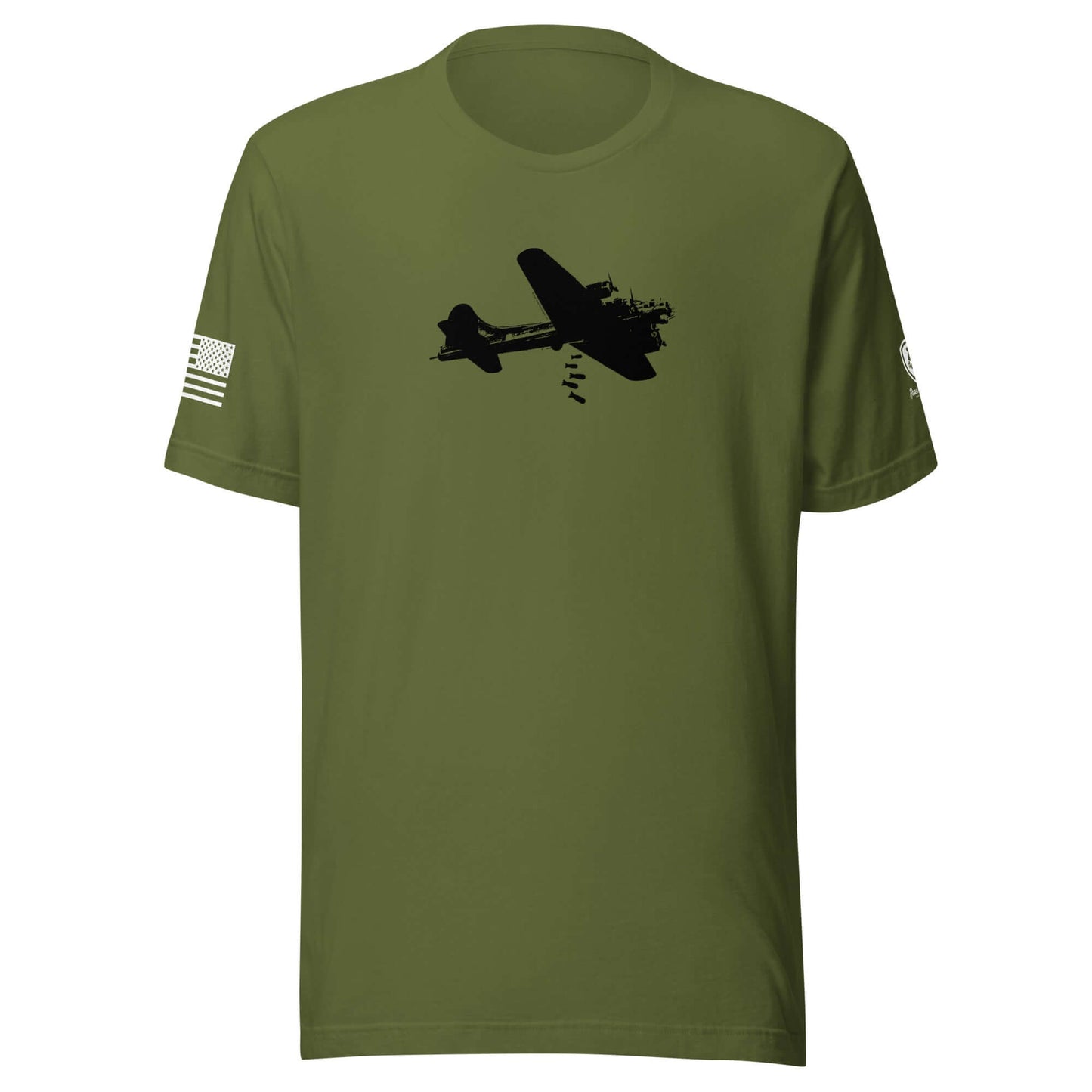 B-17 Bomber graphic art t-shirt in olive green featuring a silhouette of the aircraft and American flag details.