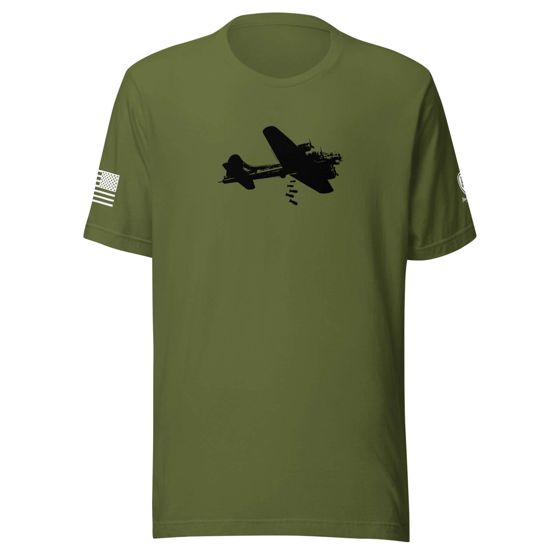 B-17 Bomber graphic art t-shirt in olive green featuring a silhouette of the aircraft and American flag details.
