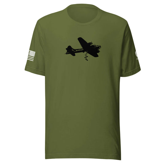 B-17 Bomber graphic art t-shirt in olive green featuring a silhouette of the aircraft and American flag details.