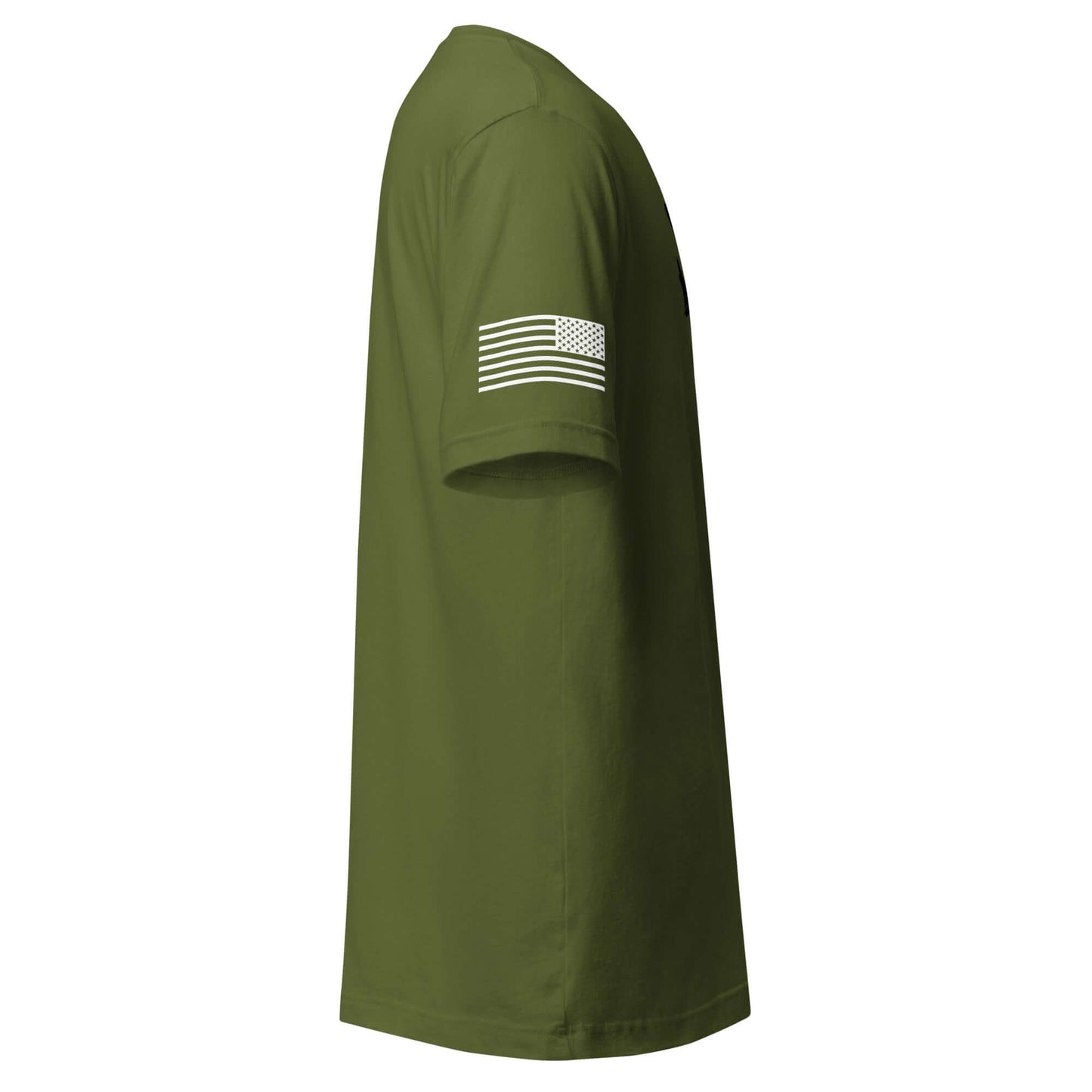 Side view of olive green B-17 Bomber graphic art T-shirt featuring American flag design on sleeve.
