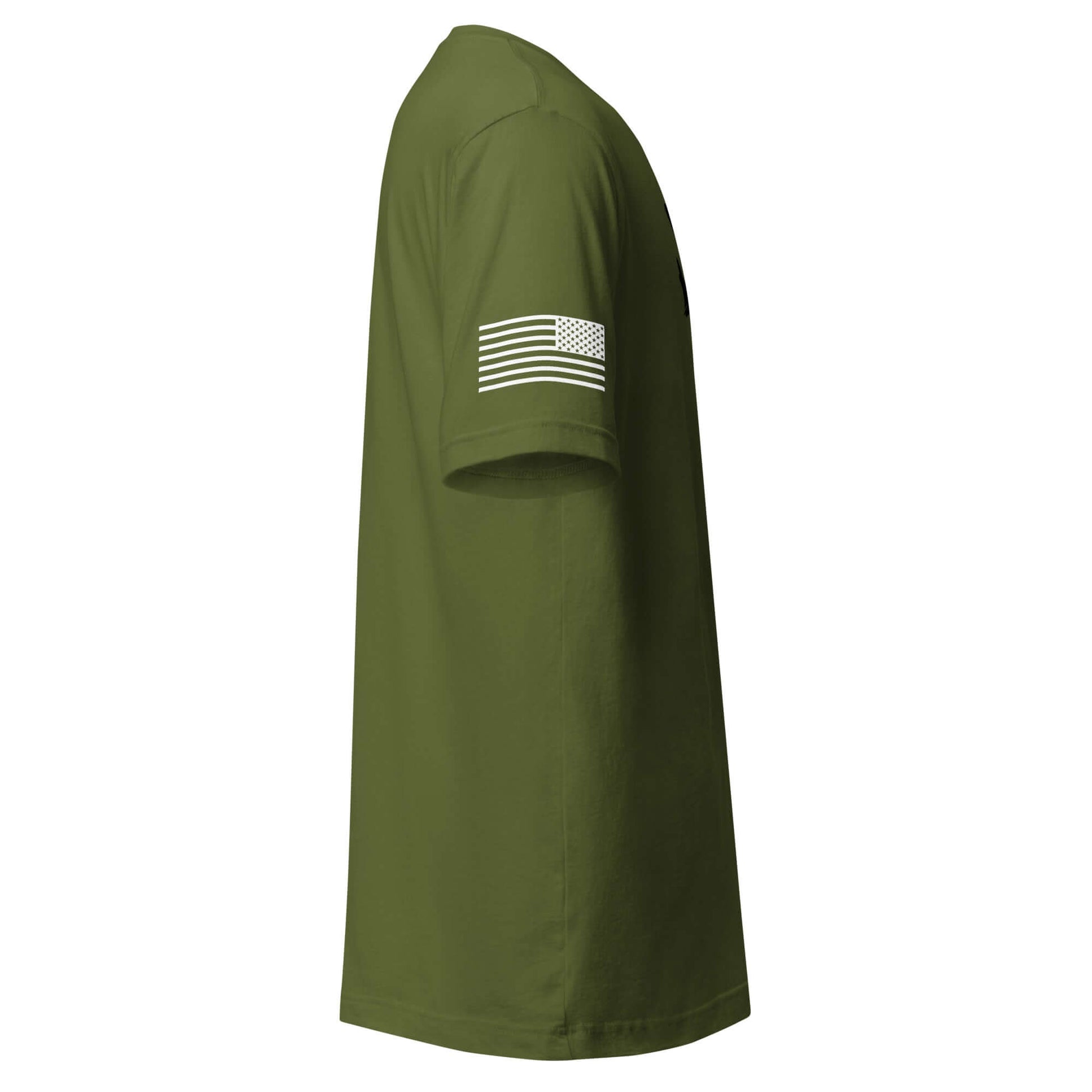 Side view of olive green B-17 Bomber graphic art T-shirt featuring American flag design on sleeve.