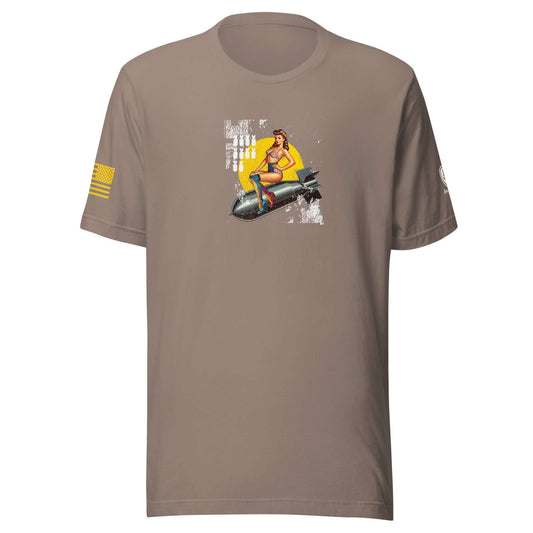 WWII nose art tribute t-shirt featuring a pin-up girl on a bomb with American flag details.