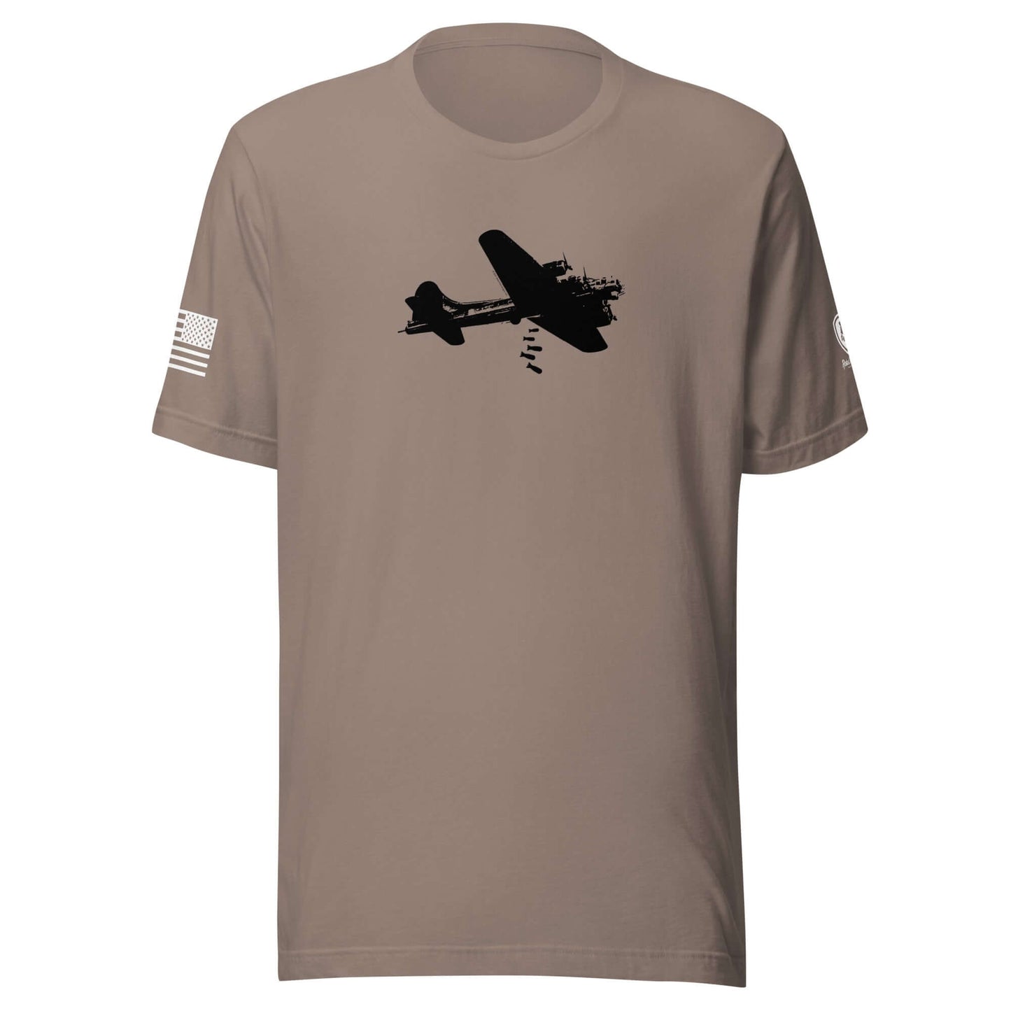 B-17 Bomber graphic tee in taupe color, honoring WWII pilots with a silhouette design.