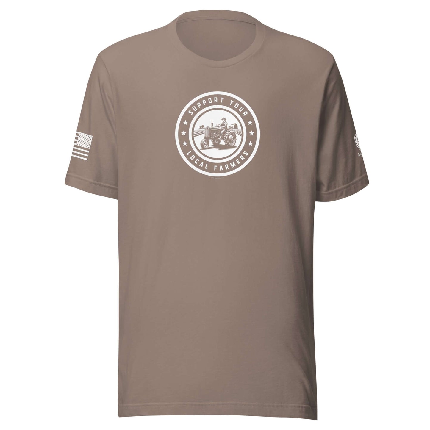 Light brown conservative t-shirt featuring 'Support Your Local Farmers' graphic and American flag design.