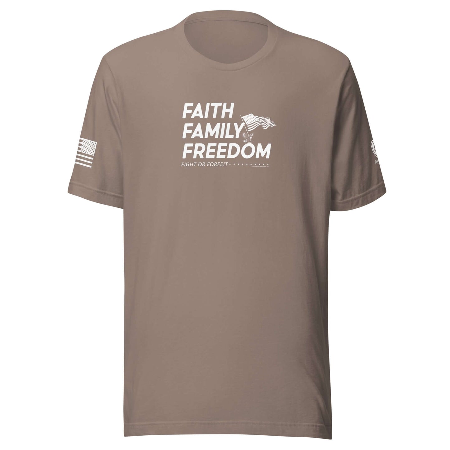 Faith Family Freedom T-Shirt - Christian Tee for Men featuring patriotic design on a light brown background.