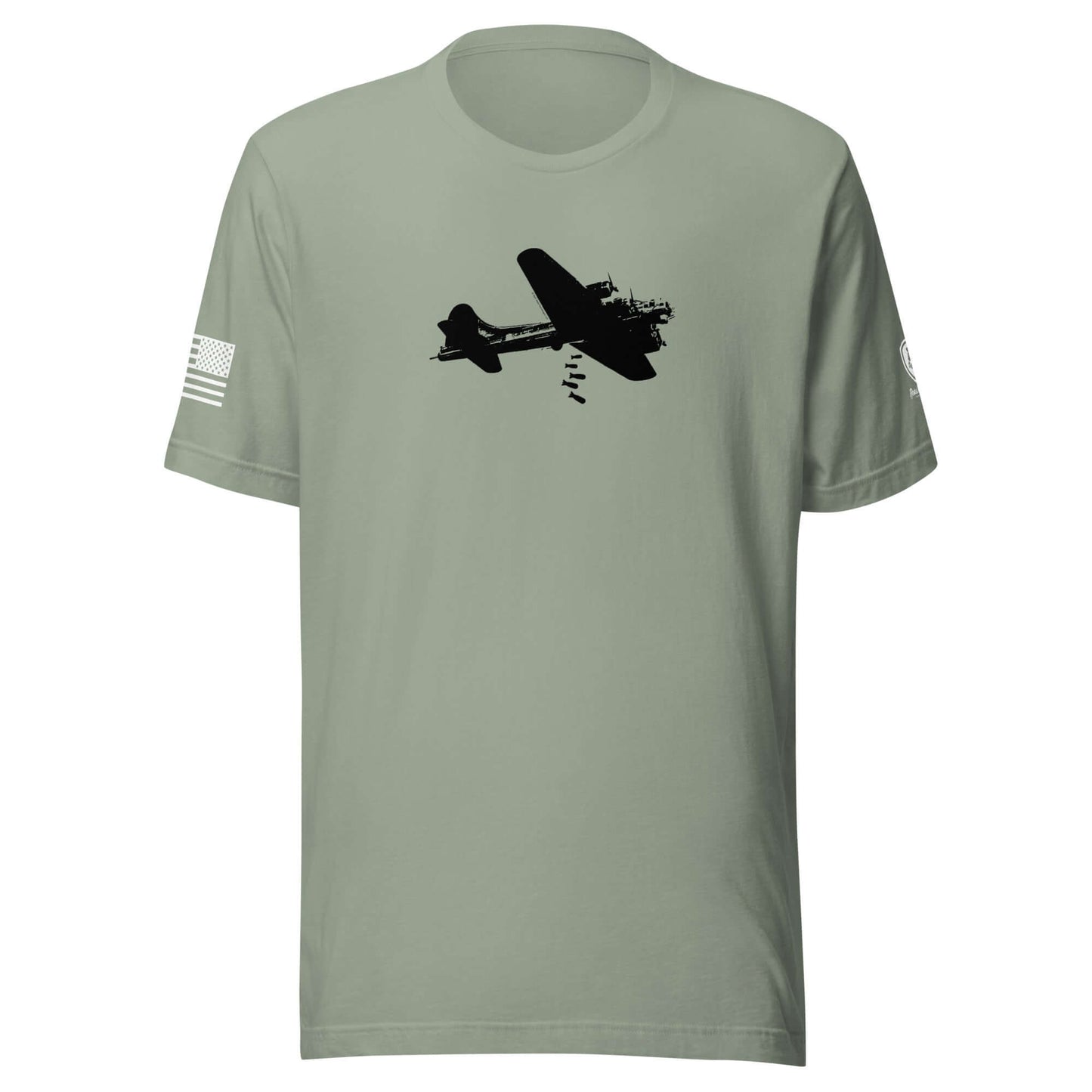 B-17 Bomber graphic T-shirt in olive green honoring WWII heroes with military design.