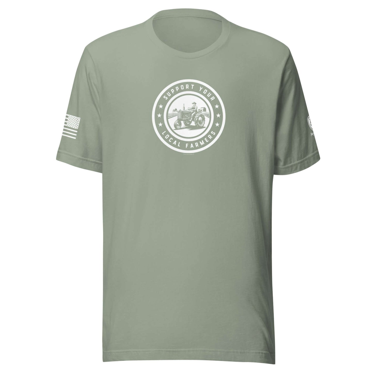 Green men's t-shirt with 'Support Your Local Farmers' graphic, featuring American flag detail.