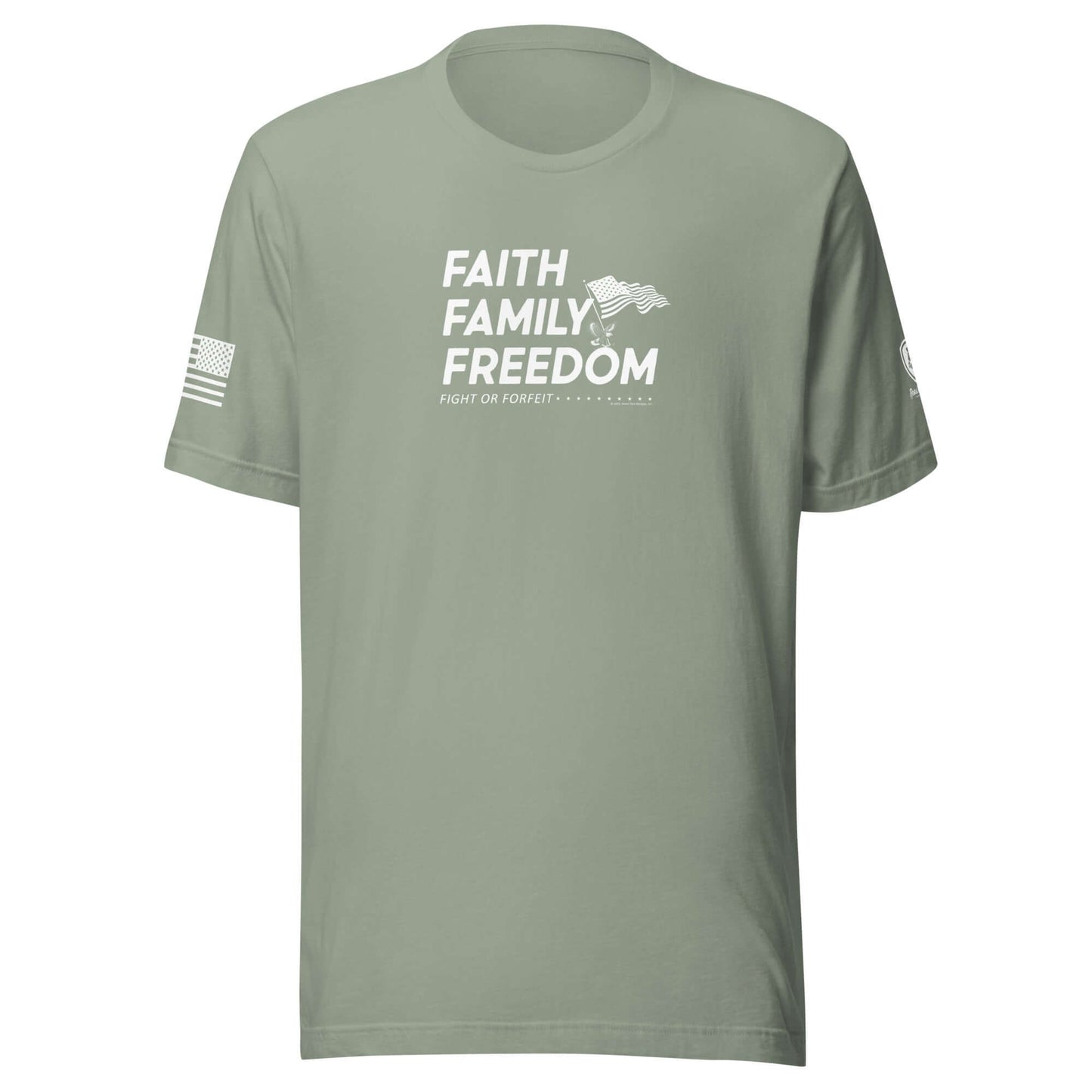 Faith Family Freedom T-Shirt - Christian Tee for Men in green with patriotic design.